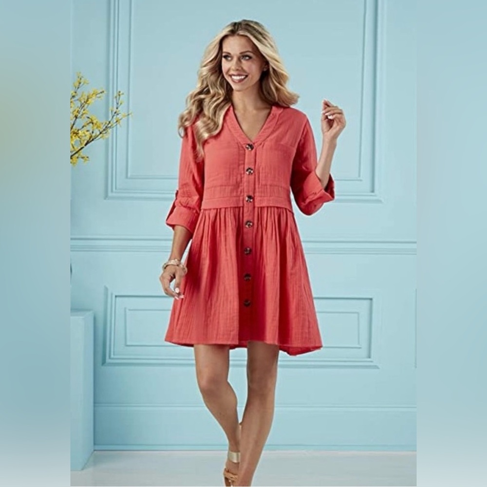 NWT Mud Pie Women's Addison Coral 3/4 Sleeve Cute Summer Dress Size Small